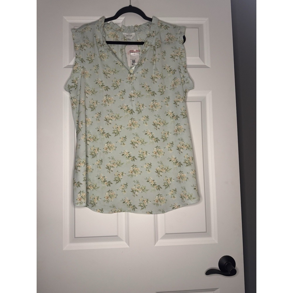 Perch Ruffled V Neck Button Detail Floral Print Tank Top 2x Multicolor Nwt